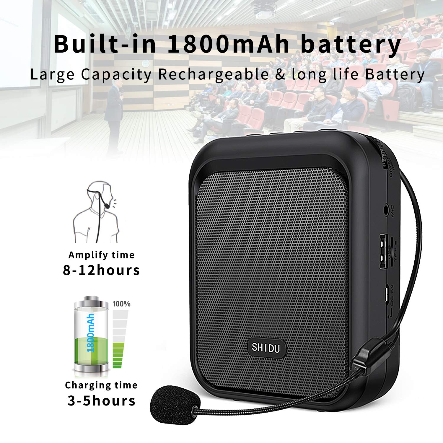 SHIDU Mini Voice Amplifier Portable Rechargeable Bluetooth Speaker with Wired Microphone Headset 10W 1800mAh PA system Supports
